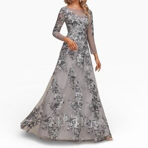 JJs House Silver Gray Floral Lace Long Sleeve Maxi Dress